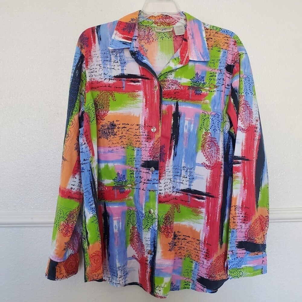 TravelSmith Womens XL Abstract Paisley Script Print Button Up Shirt Multi-Color